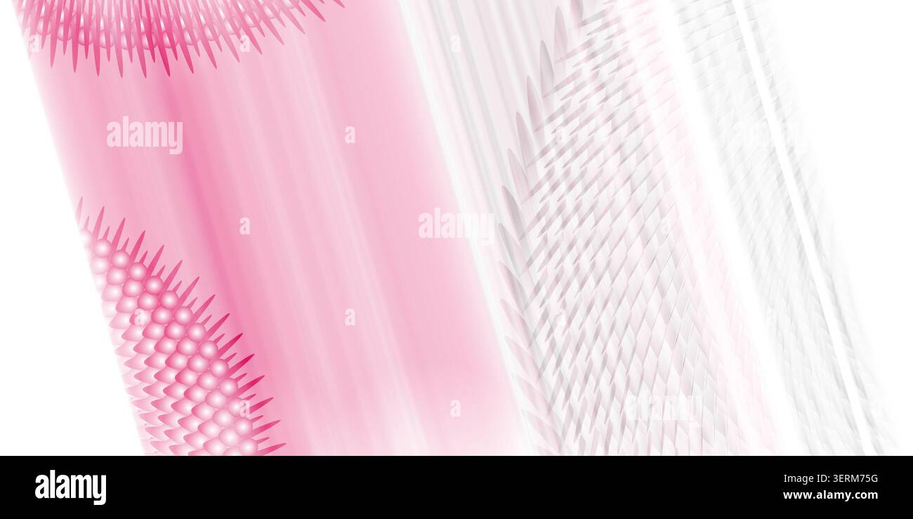 Ein moderner abstrakter Hintergrund mit sich wiederholenden geometrischen Formen, radialen Mustern und glatten Farbverläufen in sanften Rosa- und Weißtönen. Stockfoto
