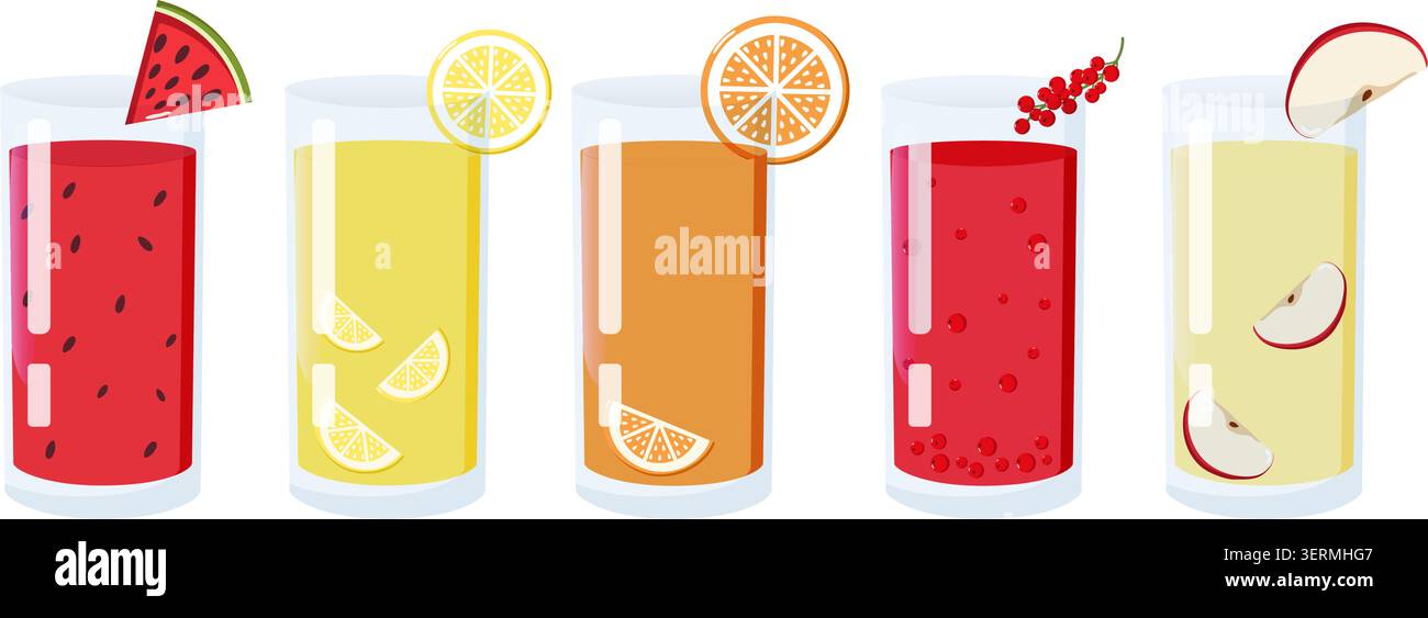 Set aus fünf hohen Gläsern mit bunten Fruchtsäften einschließlich Wassermelone, Zitrone, Orange, Beere und Apfel, jedes Zimmer ist mit passenden Obstscheiben dekoriert Stock Vektor