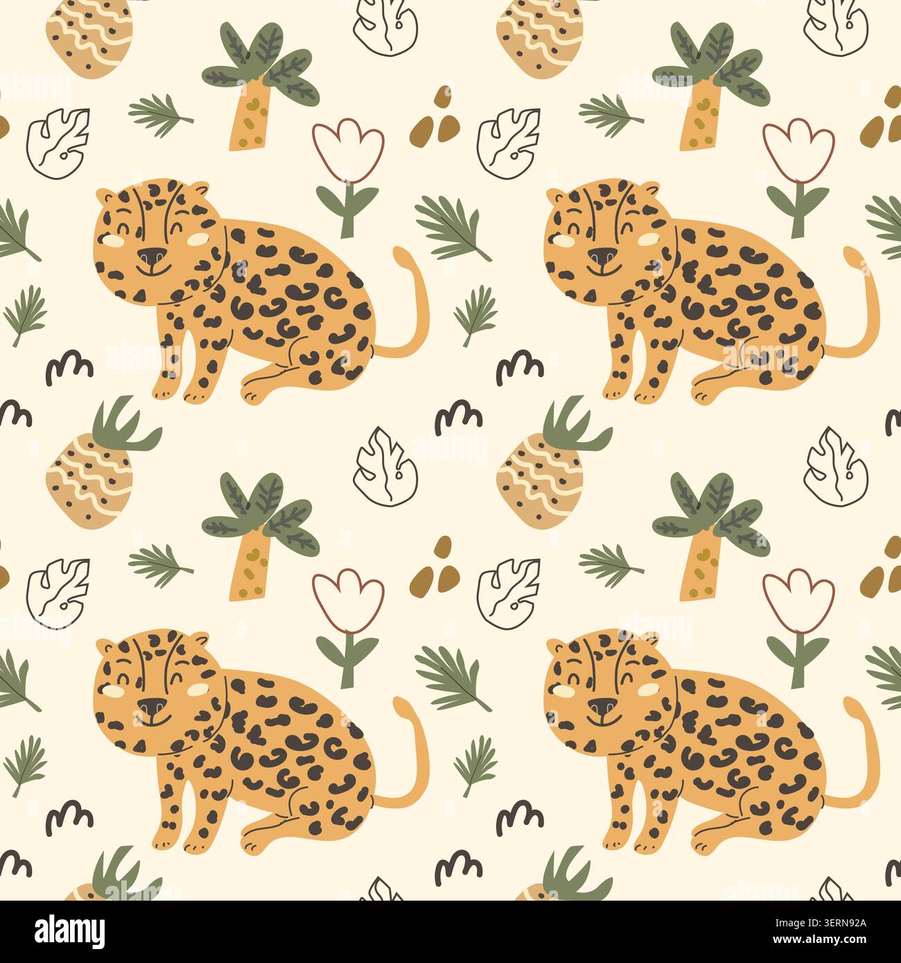 Niedliche afrikanische Leopardenananas und nahtloses Muster im skandinavischen Doodle-Stil. Zeichentrickvektor Illustration, tropische Palme und Früchte, Kritzele florale Elemente in kindlicher Art. Stock Vektor