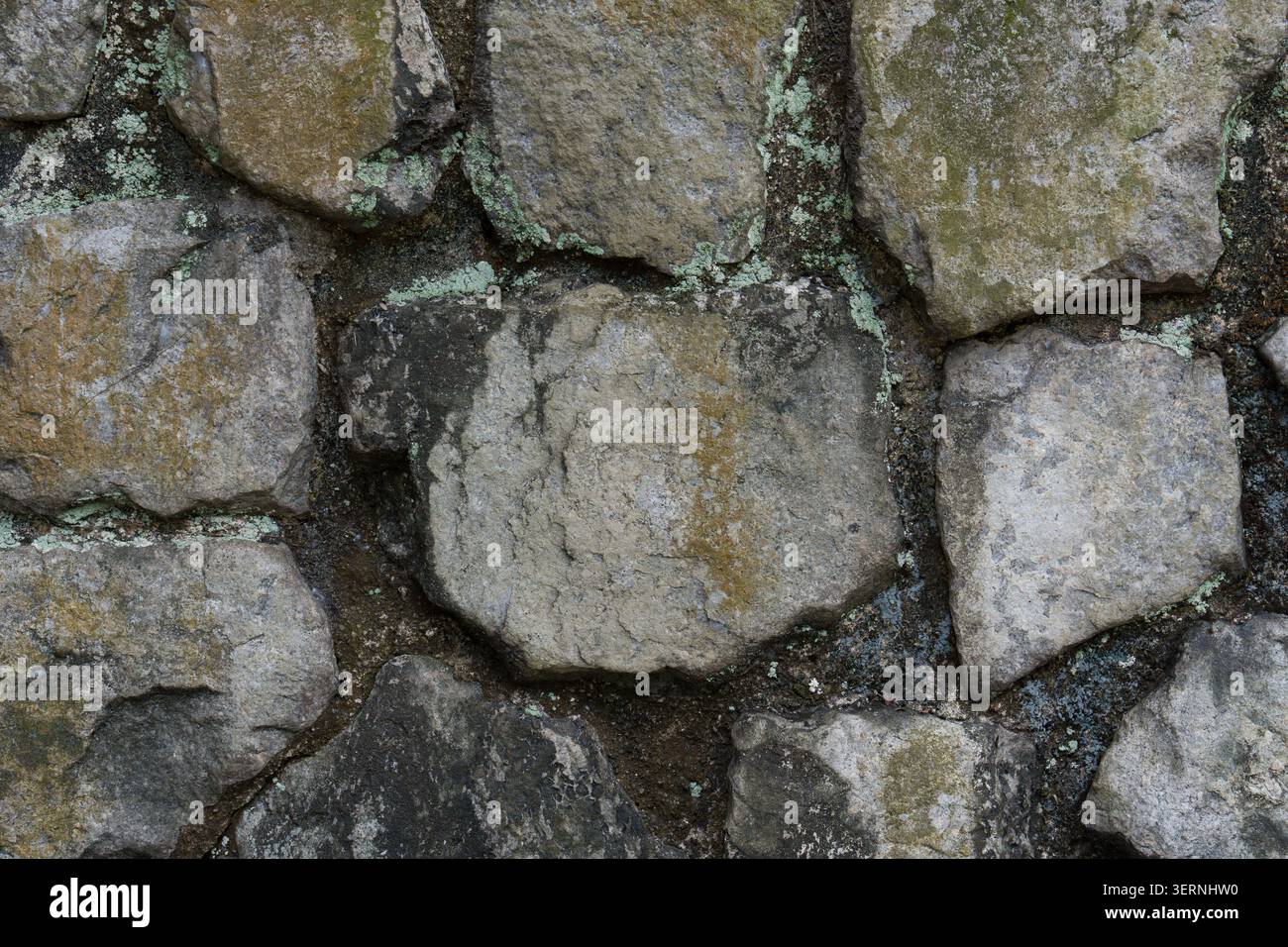 Verwitterte Steine bilden eine robuste, strukturierte Wand. Flechten wächst in Flecken über die Steinoberflächen. Moosig, moosig und moosig, die Steine tragen Zeichen von ag Stockfoto