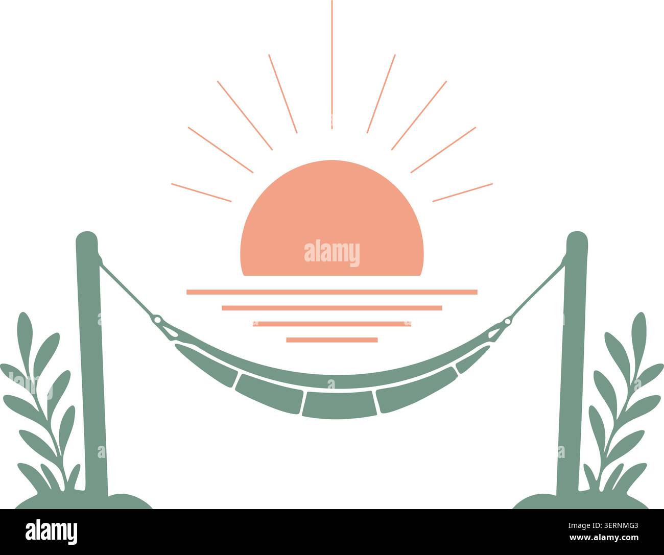 Zwischen den Pfosten ist eine Hängematte mit Pflanzen auf beiden Seiten unter einem weichen Sonnenuntergang gespannt Stockfoto
