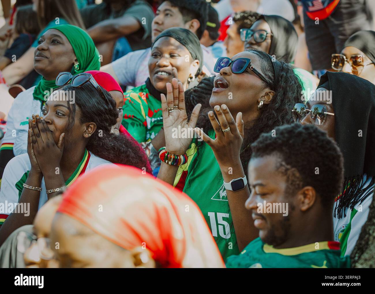 Leidenschaftliche senegalesische Fans sehen sich ein angespanntes Fußballspiel an Stockfoto