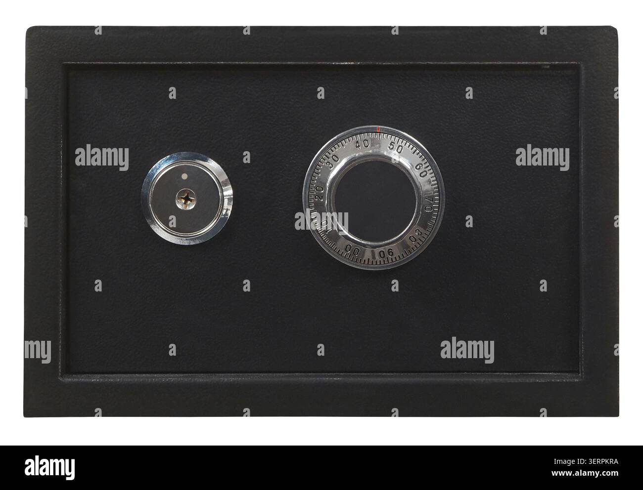 Kleiner schwarzer Stahlsafe mit Nummernschloss isoliert auf weiß Stockfoto