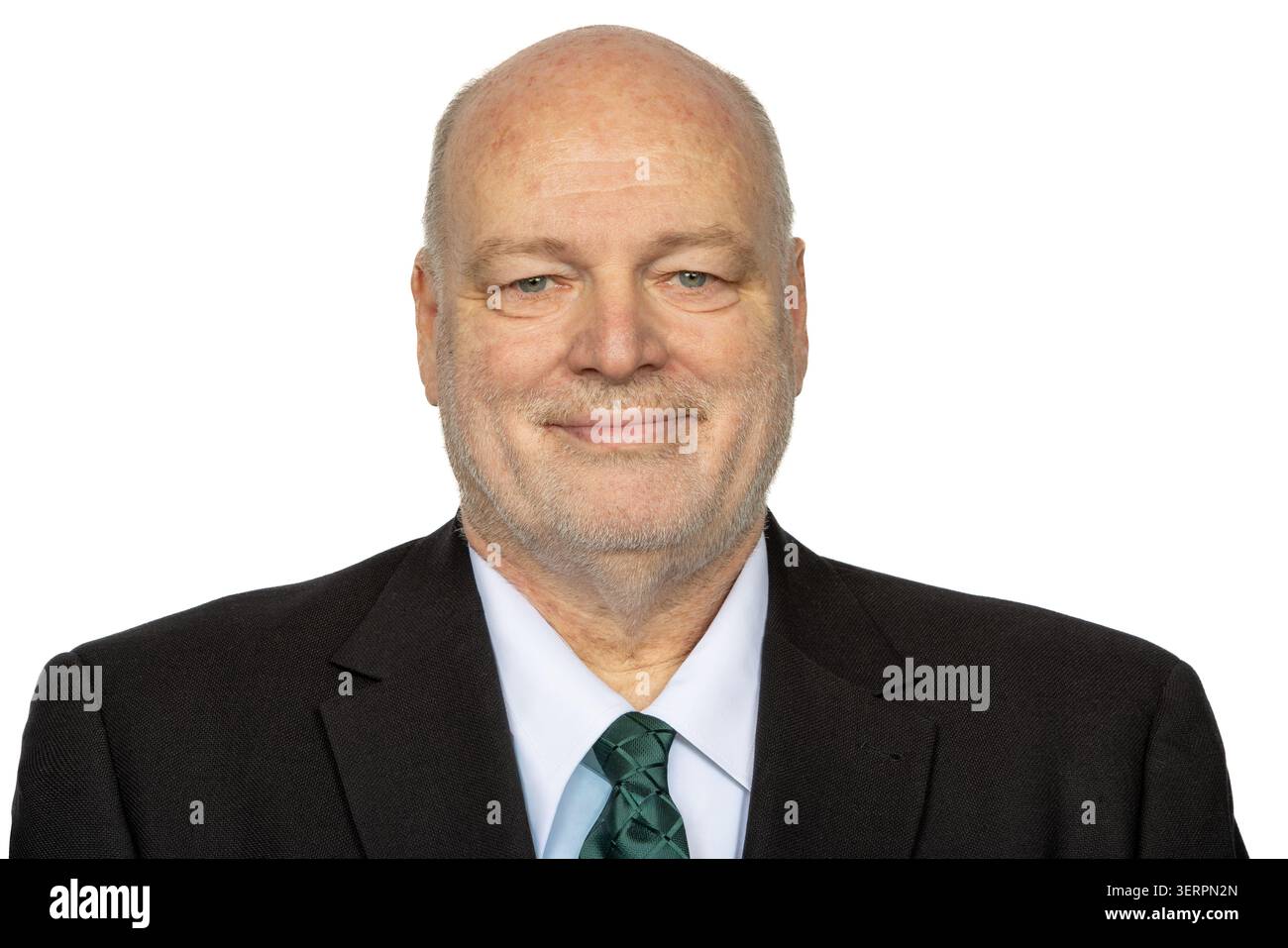 Freundlicher Geschäftsmann Porträt blickt direkt in die Kamera isoliert auf weißem Hintergrund Stockfoto