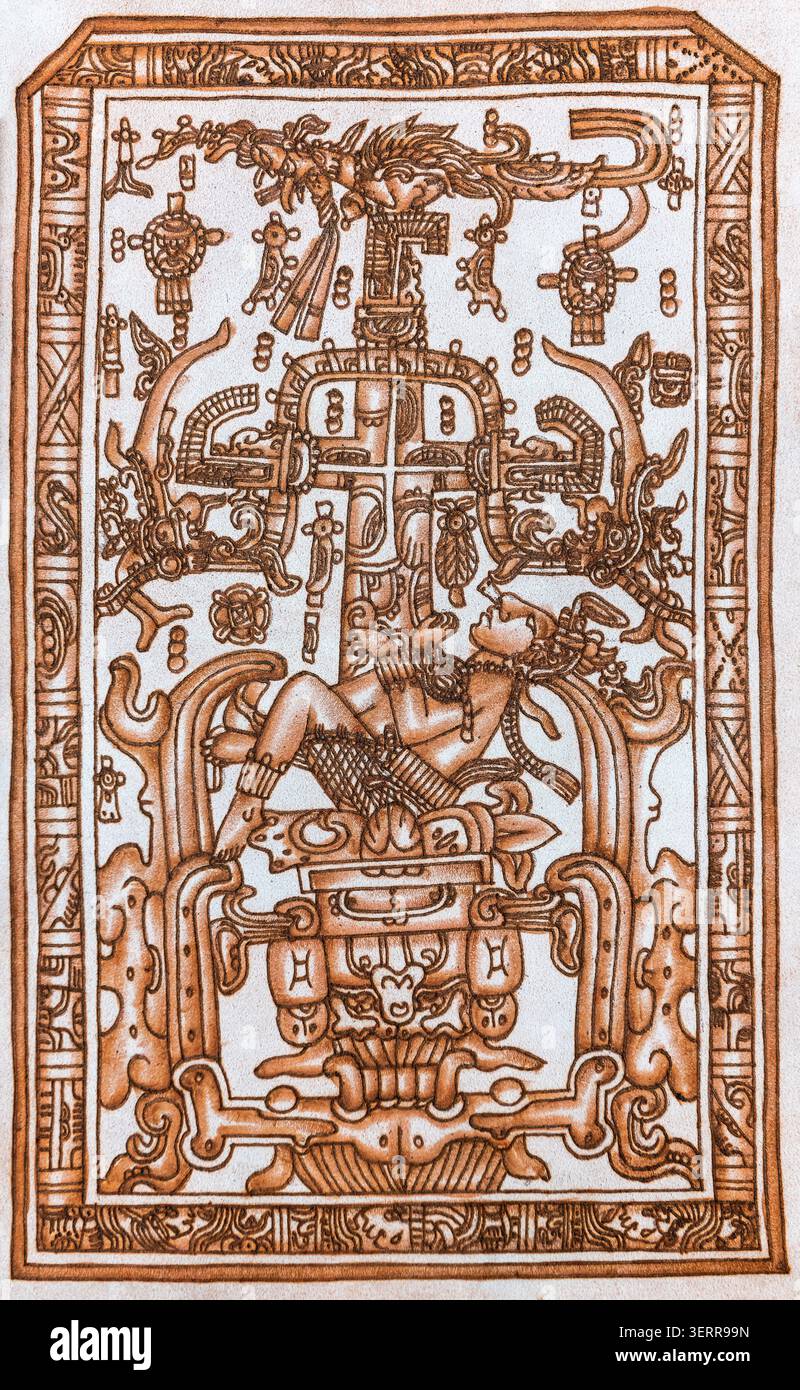 Handwerkliche Nachbildung auf Leder der Sarkophag-Deckeldekoration von König Pakal, Palenque, Mexiko. Stockfoto