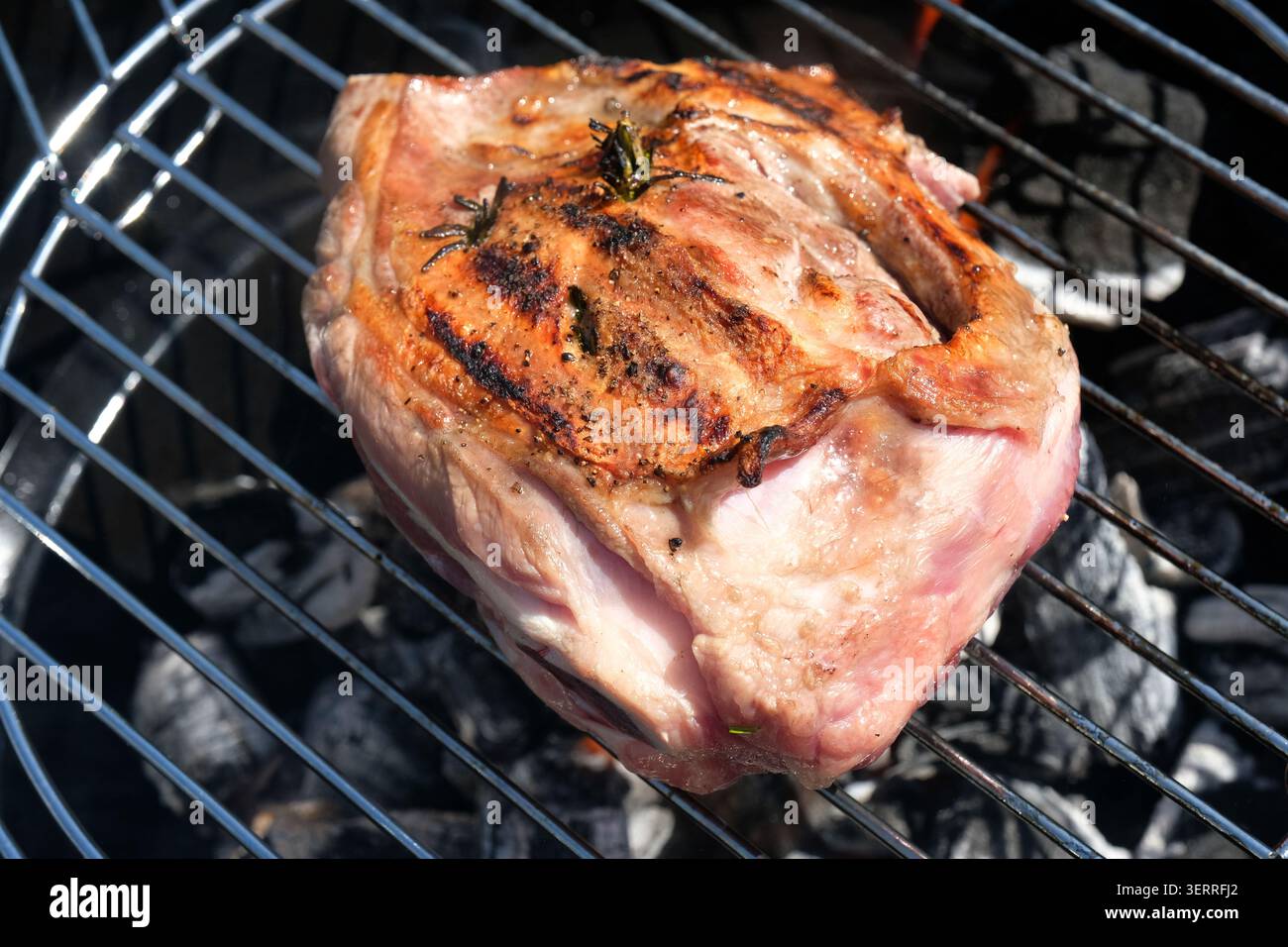 Ein Knochen-in-Schulter-Gelenk von Lammbraten auf einem Holzkohlegrill im Freien, gewürzt mit frischem Rosmarin und Kräutern während des Kochprozesses. Stockfoto