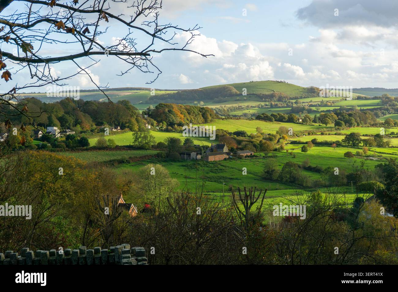 Herbstansicht von der Hügelstadt Shaftesbury aus über die ländliche Agrarlandschaft von Nord-Dorset, England Stockfoto