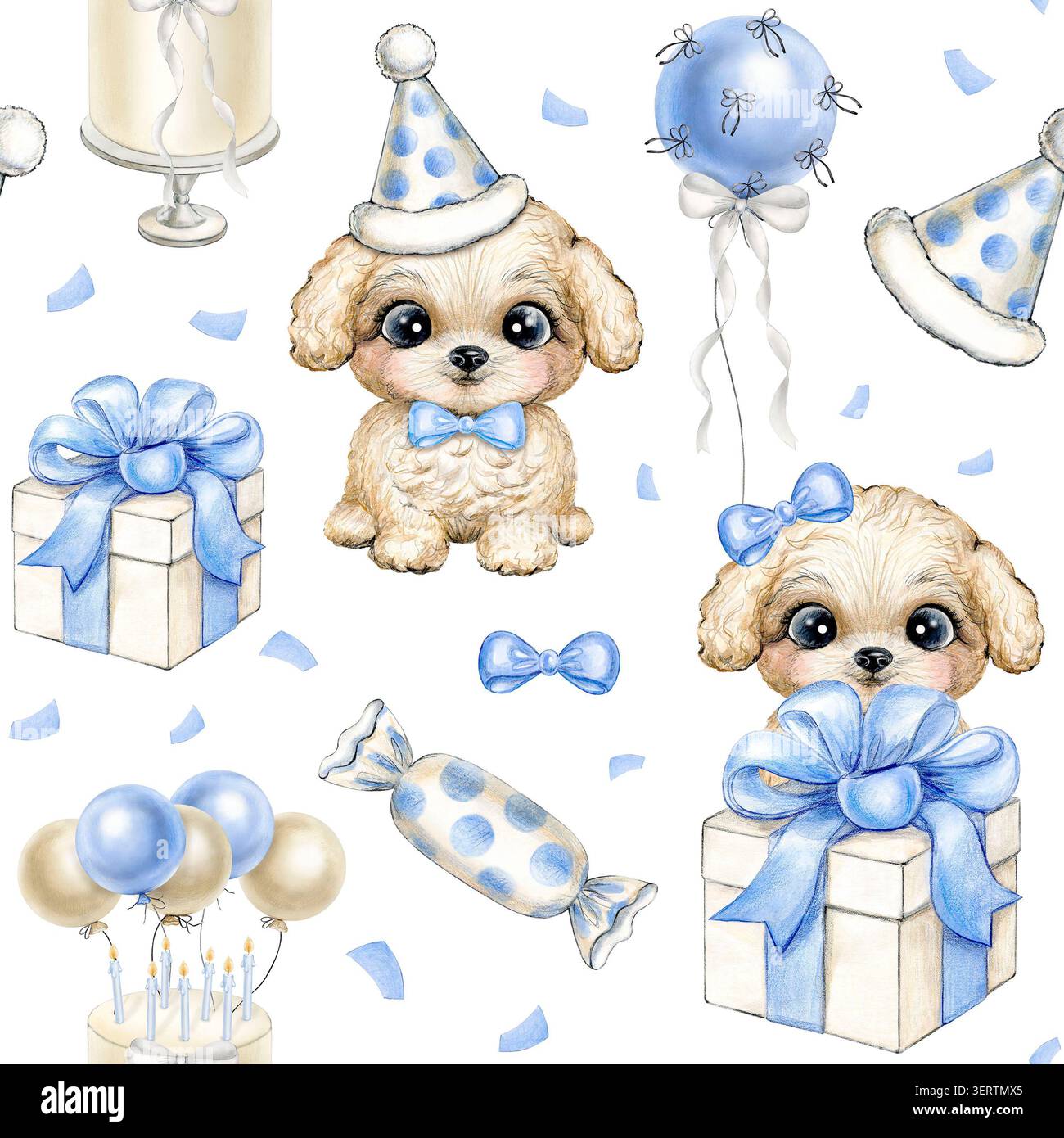 Aquarell nahtloses Muster für einen Geburtstag in Blautönen mit Illustrationen von Welpen, Kuchen, Süßigkeiten, Ballons, Geschenken. Handgefertigte Illustration Stockfoto