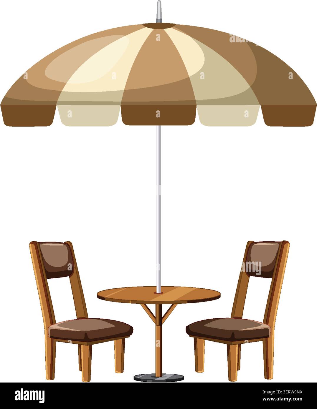 Vektorillustration mit Holztisch, zwei Stühlen und großem Sonnenschirm in neutralen Brauntönen Stock Vektor