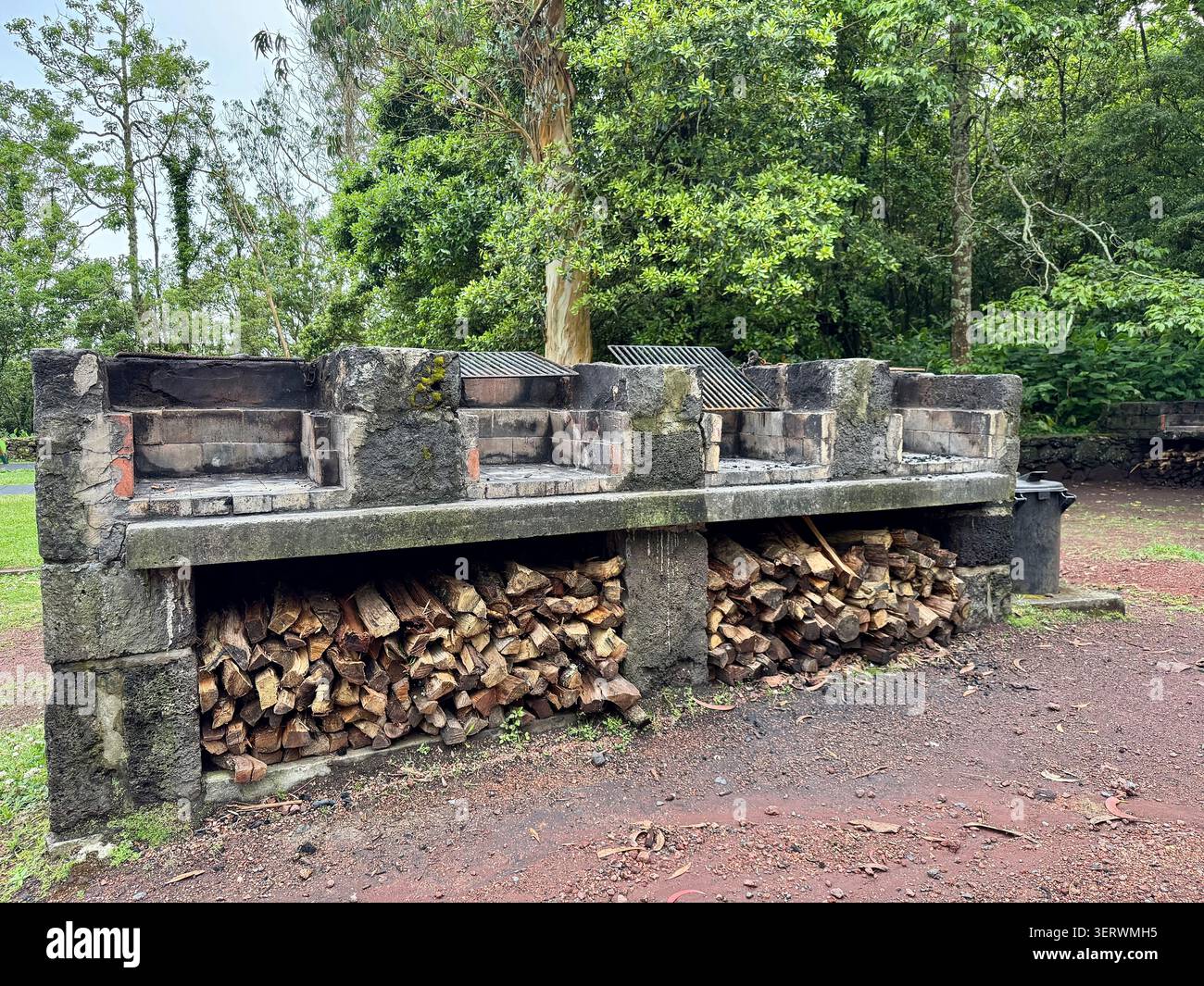 Traditionelle Grillmöglichkeiten mit Brennholzlager im Naturreservat Pinhal da Paz, Insel São Miguel, Azoren, Portugal. Stockfoto