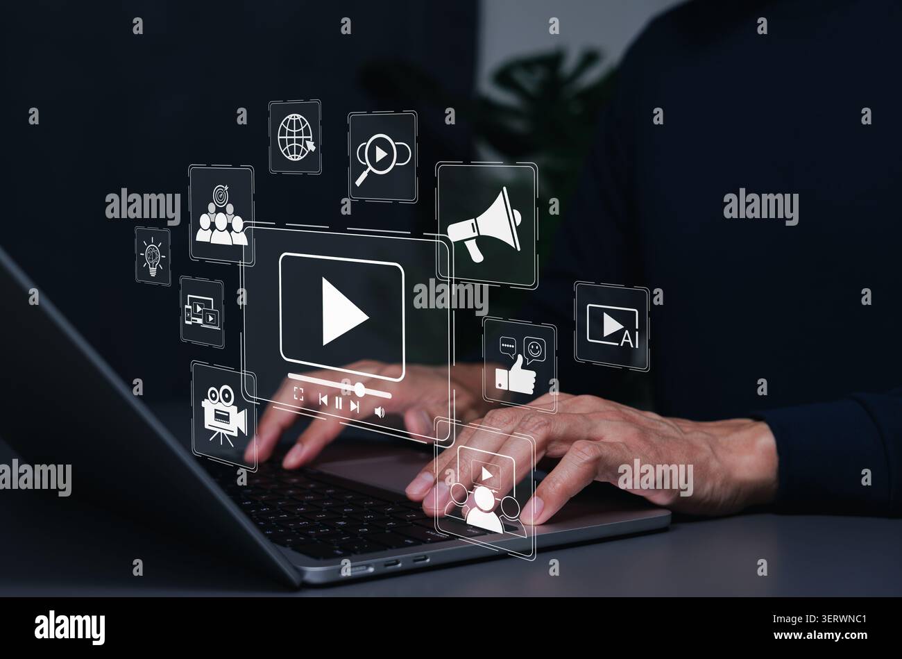Video-Marketing-Konzept. generative KI-Inhaltscreation, Medien-Icons für digitale Inhaltsstrategie, Online-Werbung, Zielgruppenbindung, sozial Stockfoto