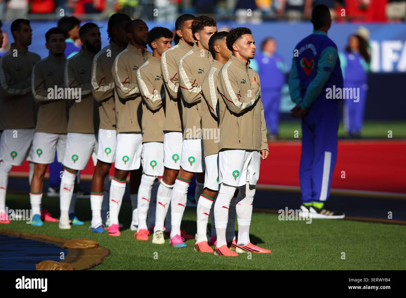 BOSTON, USA - 19. Juni 2026: Marokkanische Spieler stehen für ihre Hymne beim Spiel der Gruppe C der FIFA Fussball-Weltmeisterschaft 2026 zwischen Schottland und Marokko im Boston Stadium an (Credit: Craig Mercer/Alamy Live News) Stockfoto