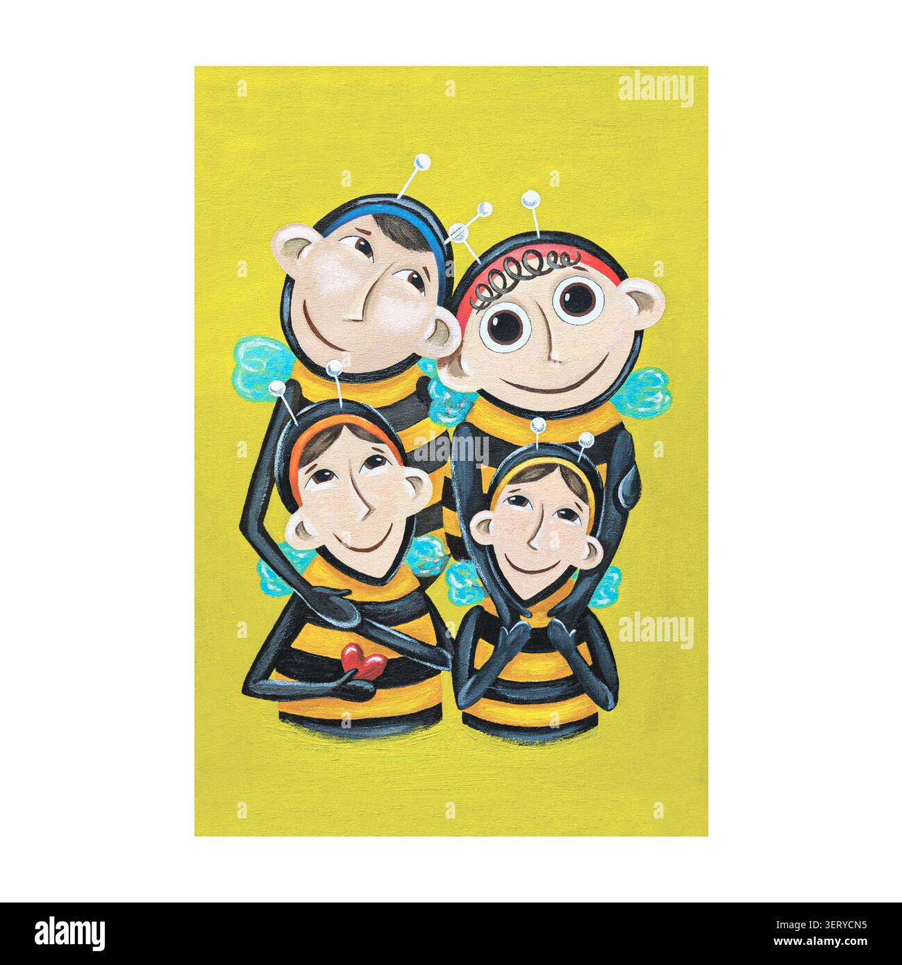 Eine Illustration von handgezeichneten humanisierten Bienen. Ein Märchenporträt einer Bienenfamilie im flachen Stil. Die Mutter, der Vater und die Töchter sind bemalt Stockfoto