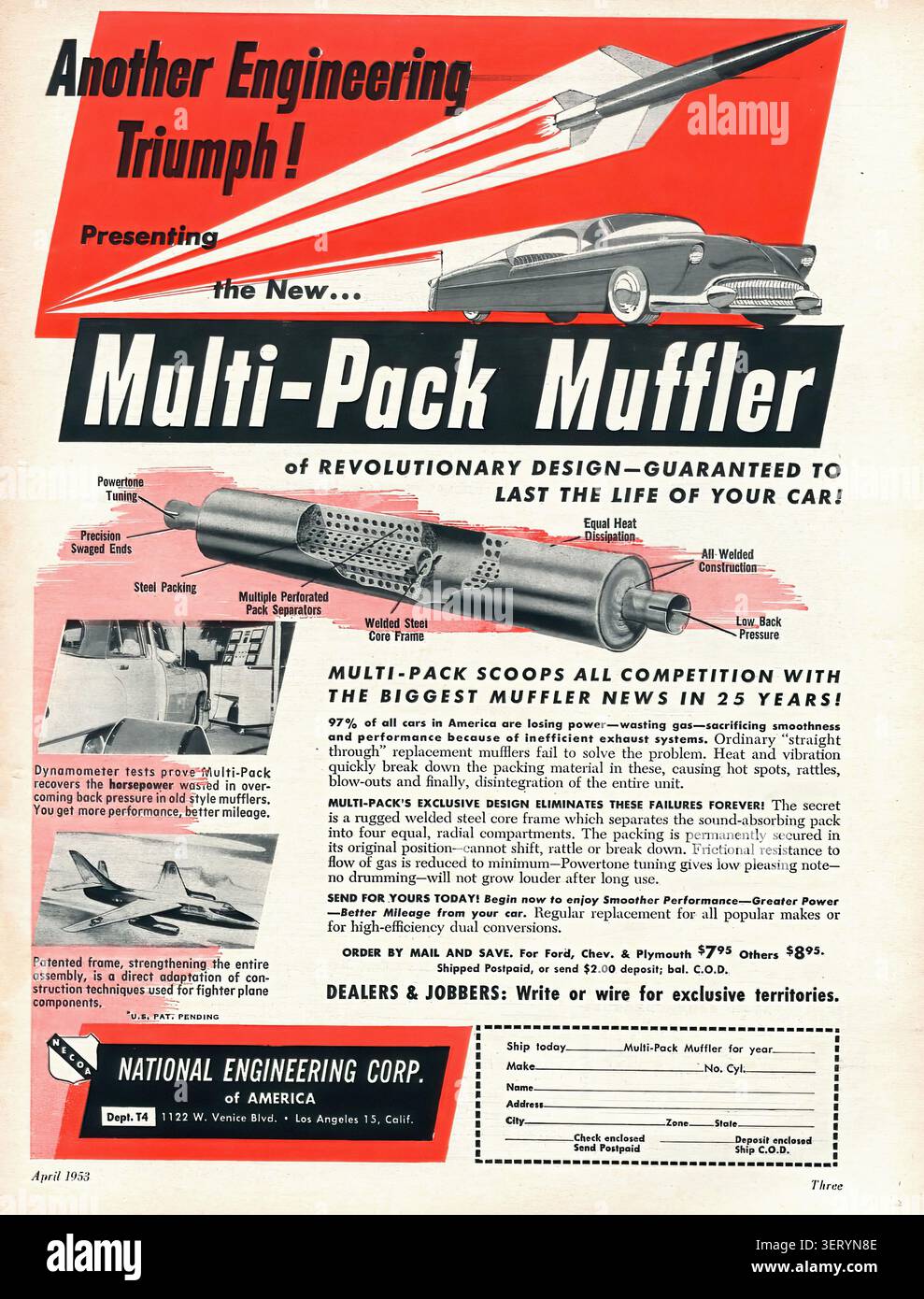 1953 Multi-Pack Schalldämpfer Werbung Motor Trend April 1953 - Vintage US Presse Werbung Stockfoto