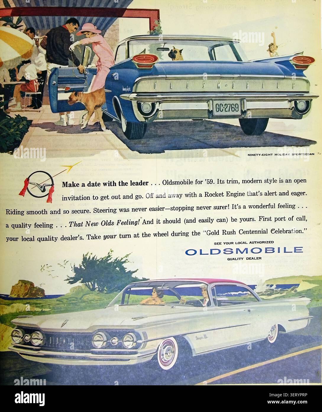 1959 Oldsmobile 2- und 4-türiges Hardtop - Oldsmobile-Werbung Stockfoto