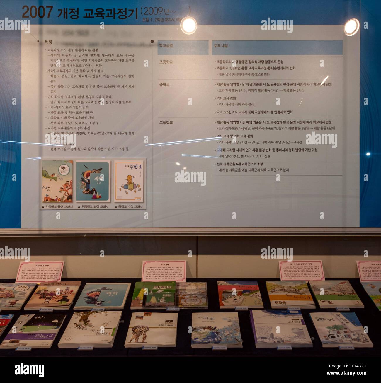 Lehrbücher aus der überarbeiteten Nationalen Lehrplanperiode von 2007 (ab 2009) wurden im Schulbuchmuseum in Sejong, Südkorea, ausgestellt Stockfoto