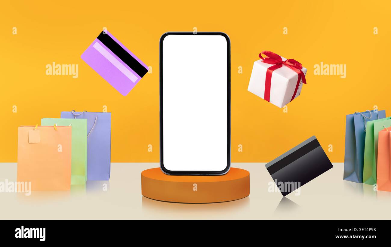 Smartphone umgeben von Einkaufstaschen und Kreditkarten, Einzelhandel und E-Commerce-Konzept Stockfoto