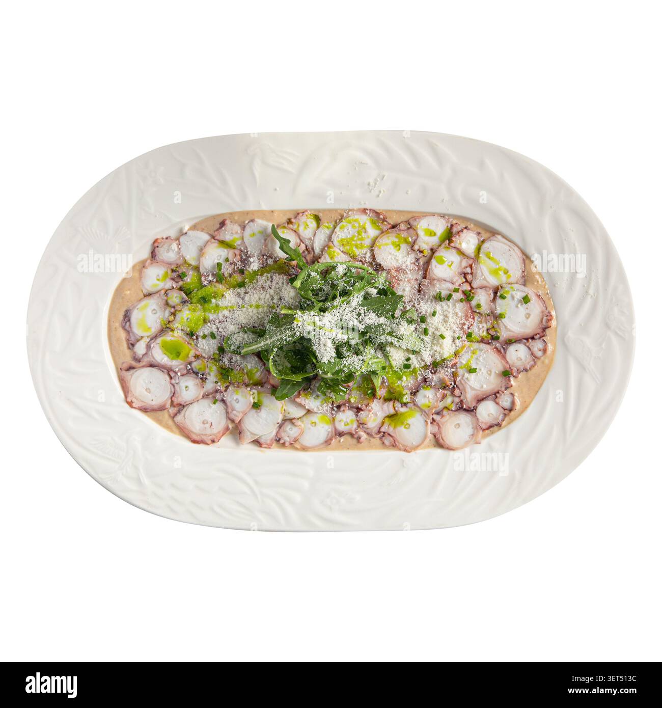Octopus carpaccio mit Parmesan und Kräutern Stockfoto
