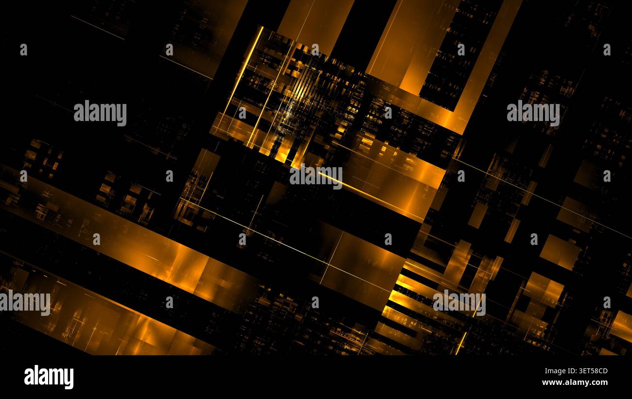 Das digitale Bildmaterial zeigt verschiedene geometrische Formen und Muster in goldenen Tönen vor dunklem Hintergrund. Linien und Formen erzeugen ein Gefühl von Tiefe und Bewegung Stockfoto