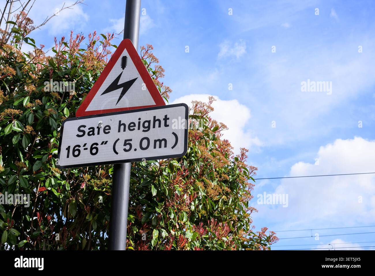 Nahaufnahme eines britischen Verkehrsschilds mit einer Sicherheitshöhe von 5,0 m (16 ft 6 Zoll) mit elektrischem Gefahrensymbol, das vor Bäumen und blauem Himmel steht. Stockfoto