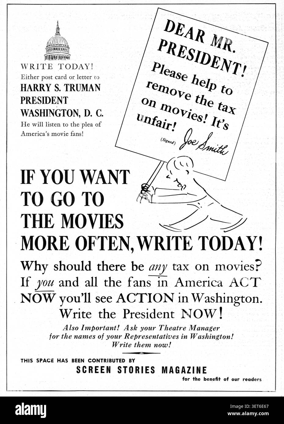 1950 Kampagnenflyer des Screen Stories Magazine, der gegen die staatliche Eintrittssteuer auf Kinokarten protestiert. Sie forderte amerikanische Filmschauspieler auf, Briefe und Postkarten direkt an Präsident Harry S. Truman und ihre lokalen Vertreter in Washington zu schreiben, um die Abschaffung der Steuer zu fordern. Die Kampagne verwendete eine fiktive Charakterunterschrift, „Joe Smith“, als universelles Pseudonym, das die kollektive Stimme des durchschnittlichen amerikanischen Filmfans repräsentierte Stockfoto