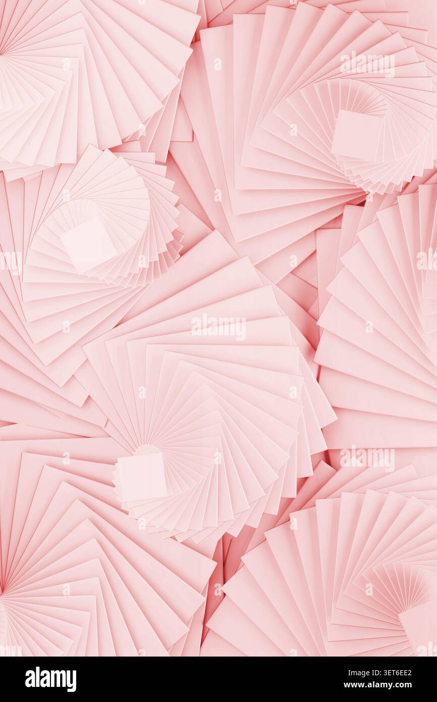 Rosafarbenes Spiralmuster, abstrakter geometrischer minimaler Hintergrund. Fächerförmige Vortexe werden als 3D-Muster wiederholt und erzeugen Tiefe mit überlappenden Ebenen. Für mod Stockfoto