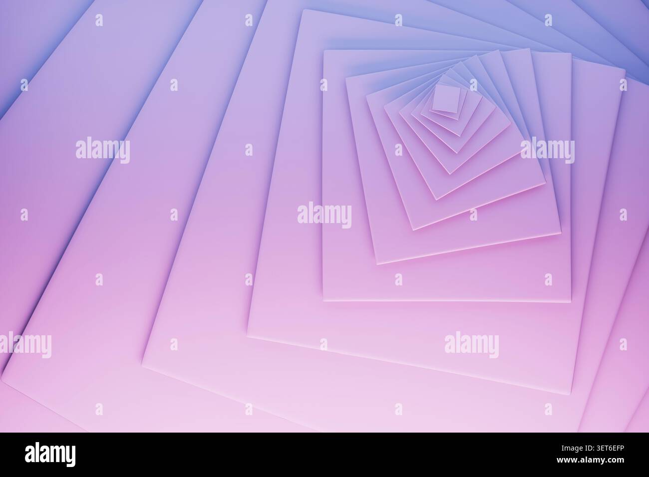 Pastellviolette konzentrische Quadrate kaskadieren in minimalistischem Stil, strahlen leuchtende Symmetrie und ruhige Eleganz aus. Abstrakter geometrischer Hintergrund, Wirbelmuster Stockfoto