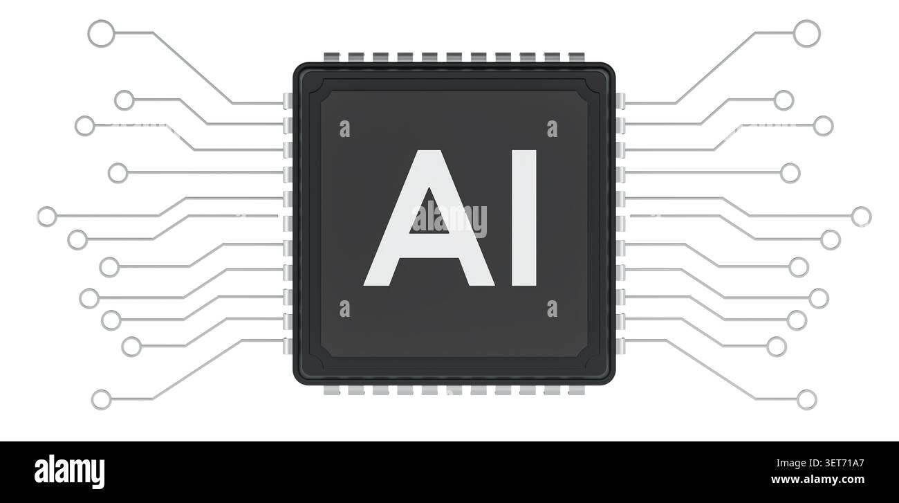 Künstliche Intelligenz-Chip mit Schaltungsleitungen. 3D-Rendering isoliert auf weißem Hintergrund Stockfoto