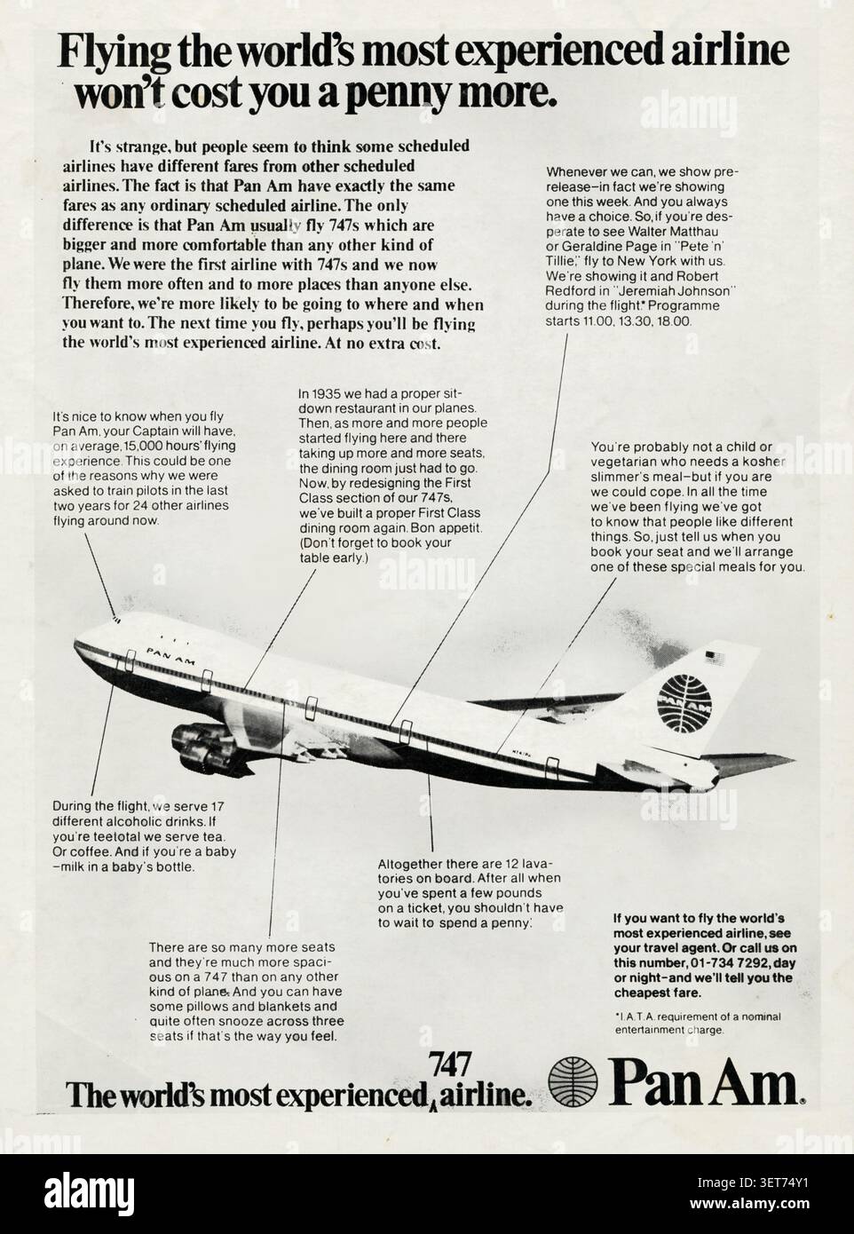 1973 Pan American World Airways (Pan Am)-Werbeanzeige, die ihre ikonische Boeing-747-Flotte bewirbt. Stockfoto