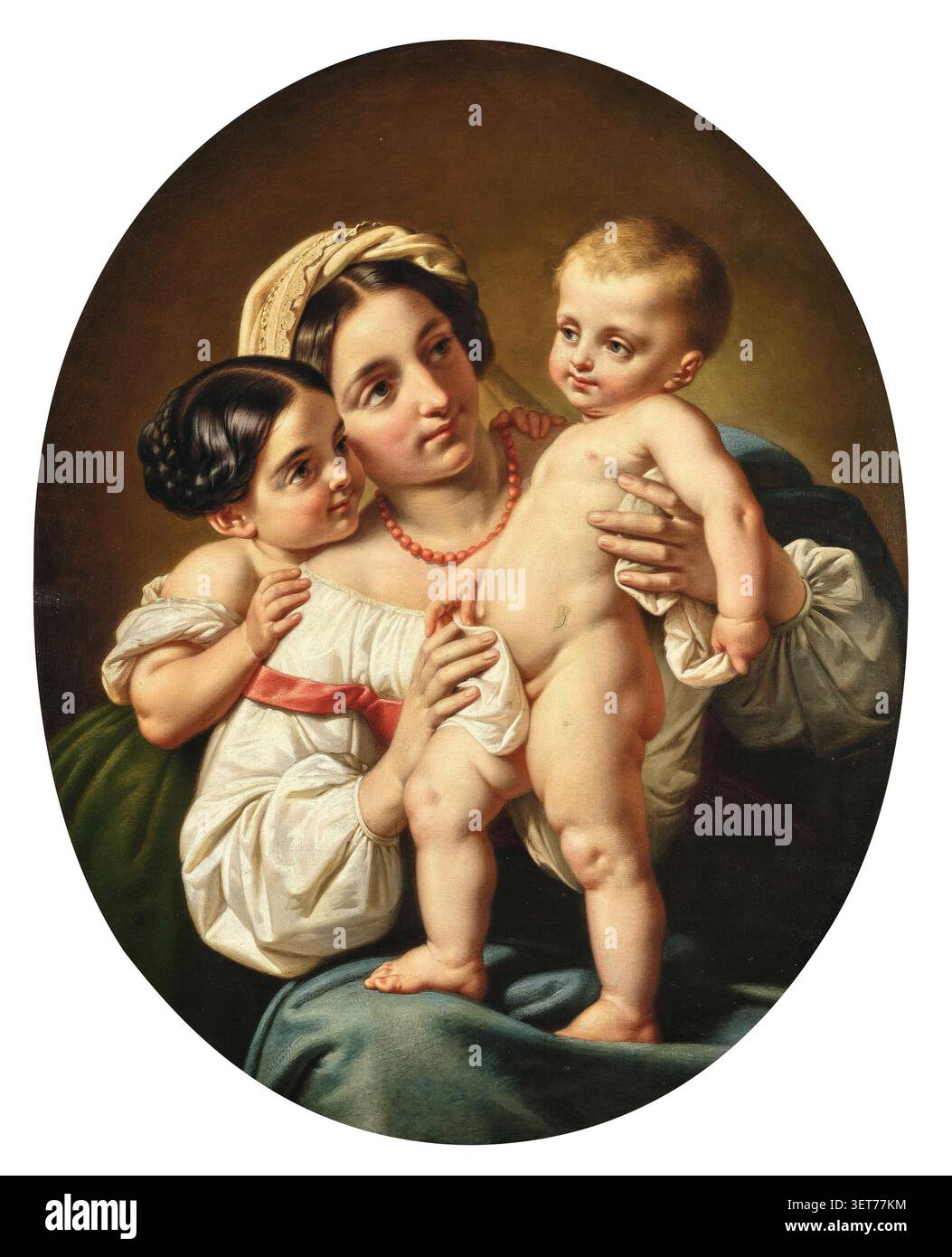 Ölgemälde von Paul Emil Jacobs aus dem Jahr 1854, das eine Mutter mit ihren Kindern in Rom zeigt und intime Genre-Szene mit dem Interesse der Romantik am italienischen Leben verbindet. Stockfoto