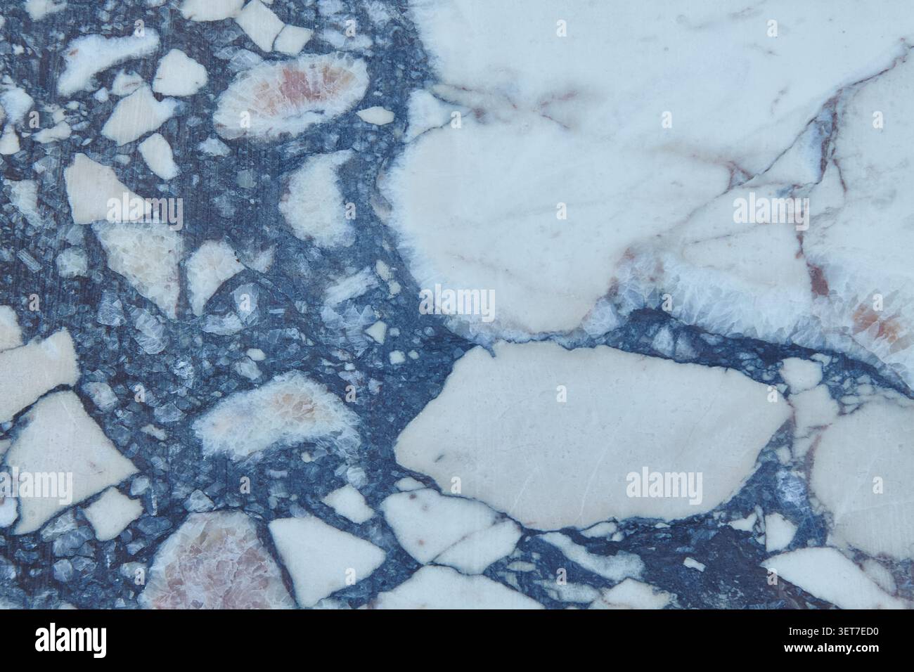 Calacatta Viola Marmor Textur zeigt eine Mischung aus weiß- und Grautönen mit einzigartigen Adern und Steinfragmenten, die für verschiedene Designprojekte geeignet sind Stockfoto