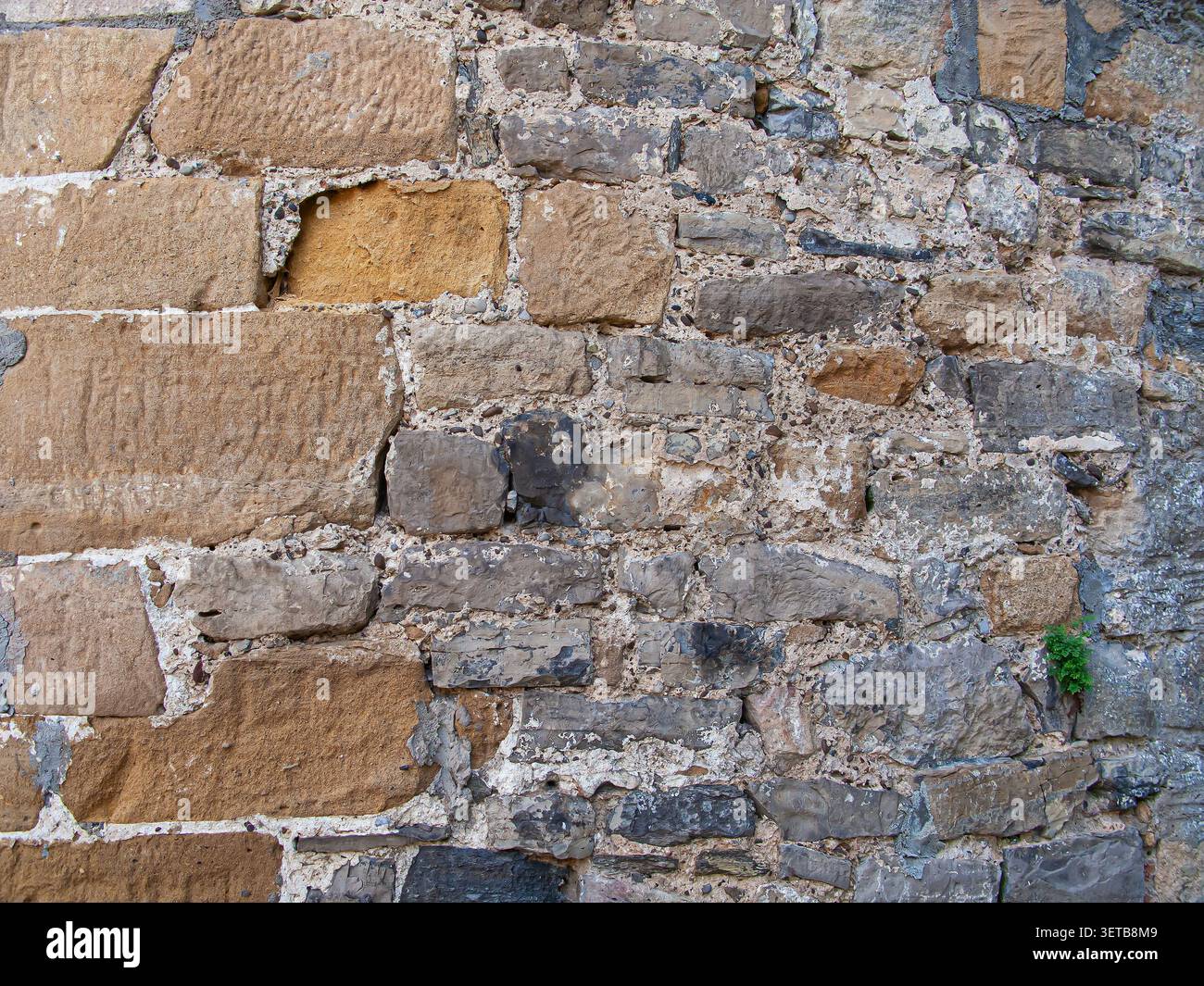 Verschiedene Steine an dieser Wand zeigen verschiedene Formen und Farben in einem historischen Gebäude. Einige Bereiche werden je nach Zeit und Wetter getragen. Stockfoto