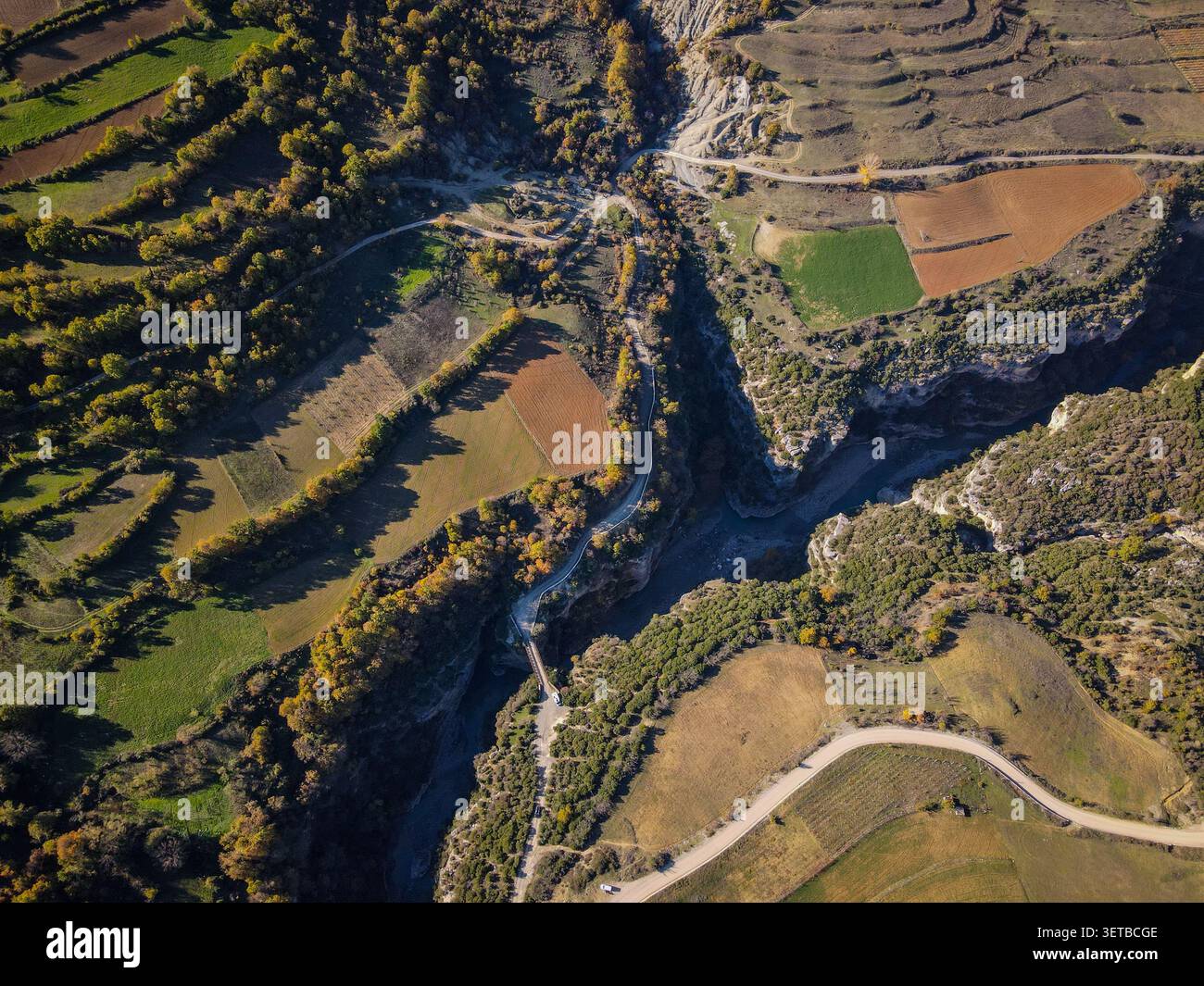 Ein Blick aus der Vogelperspektive fängt den dramatischen Osum Canyon ein, der sich durch eine Landschaft aus verschiedenen landwirtschaftlichen Feldern und üppigen grünen und goldenen Herbstbäumen schlängelt. Di Stockfoto