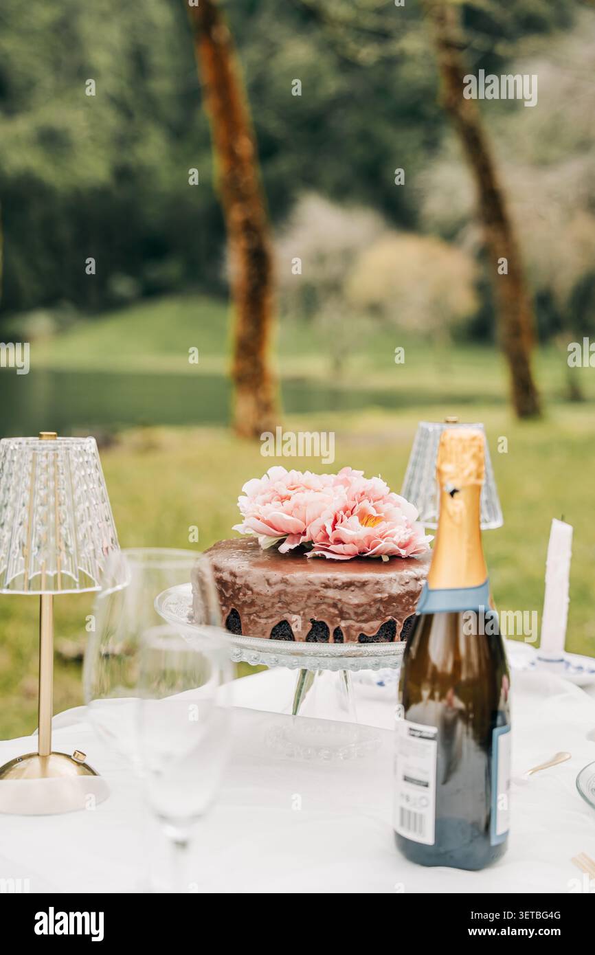 Romantisches Picknick im Freien mit Schokoladenkuchen und Champagner Stockfoto