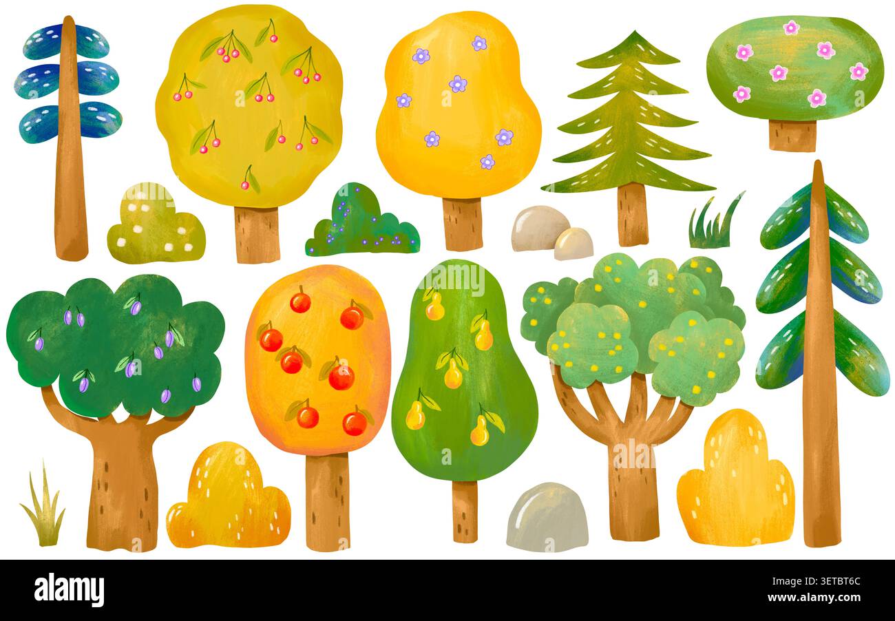 Handgezeichnete Waldbaumsammlung isolierte grafische Elemente Asset Kinderzimmerdekor Tapetendruck Set ideal für Earth Day Arbor Day und Environmental e Stockfoto
