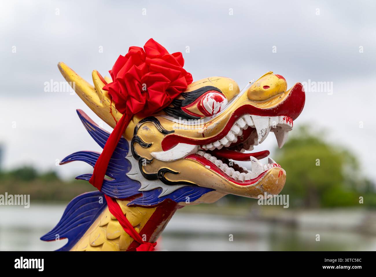 Eine lebendige Nahaufnahme eines traditionellen chinesischen Drachenbootes mit komplizierten goldenen und roten Details. Stockfoto