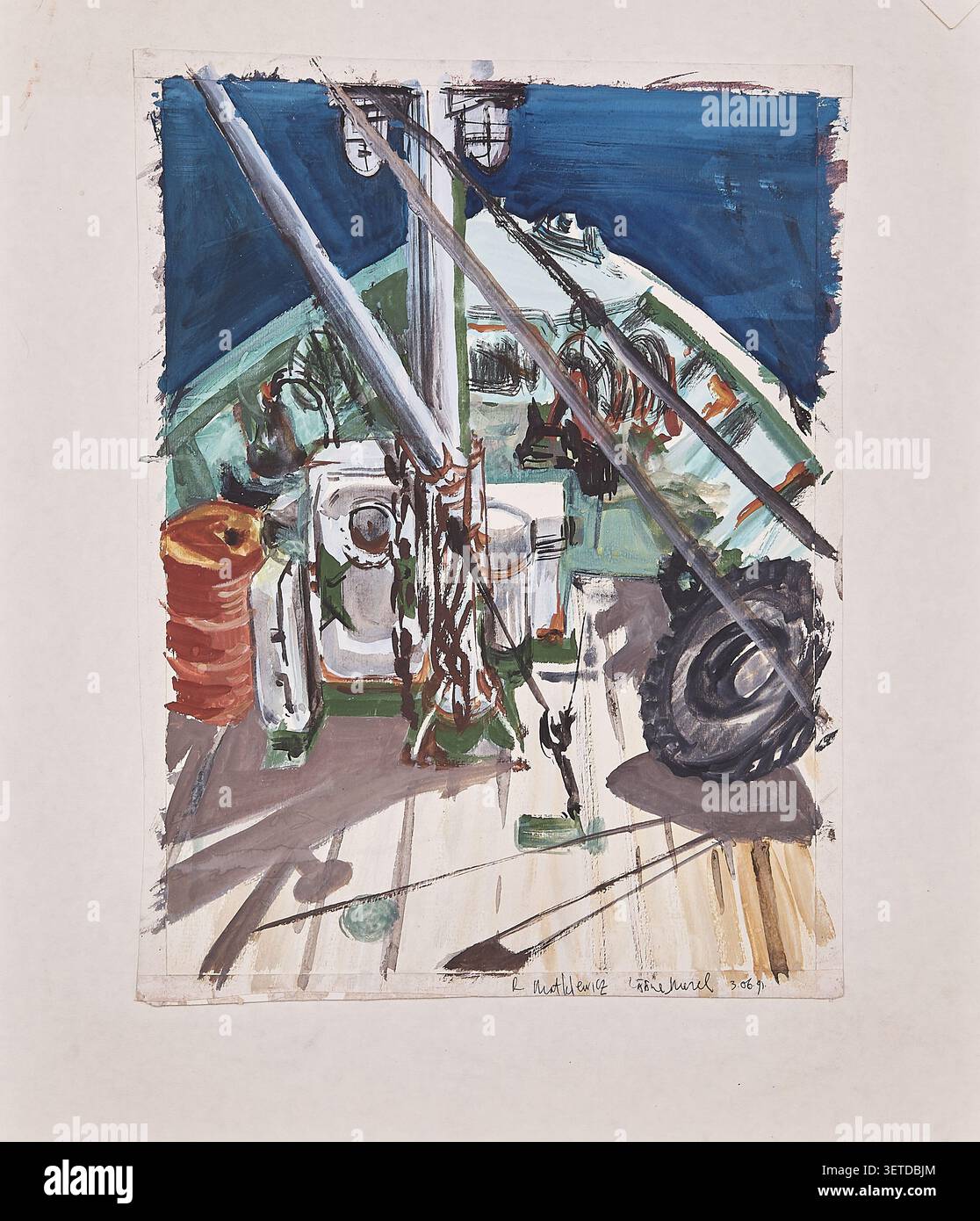 Maritimes Kunstwerk, das den Bug eines Schiffes mit Seilen, Deckausrüstung und offenem Meer in einem ausdrucksstarken malerischen Stil darstellt. Stockfoto