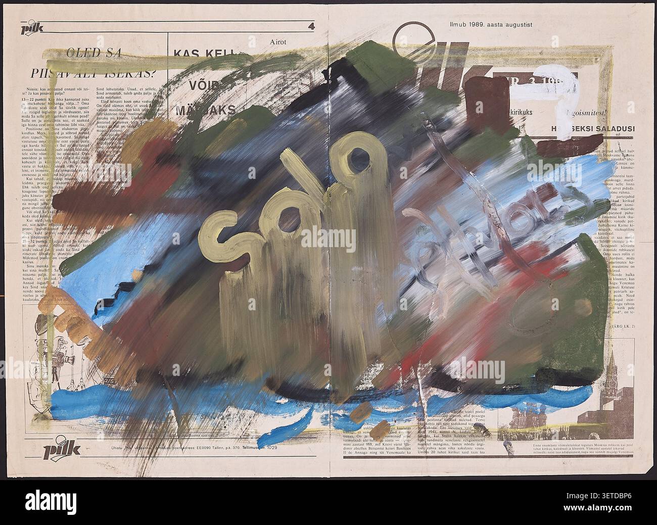 Ausdrucksstarke abstrakte Kunstwerke, die auf einer Vintage-Zeitungsseite gemalt sind und symbolische Formen, kräftige Striche und mehrschichtige Texturen kombinieren. Stockfoto