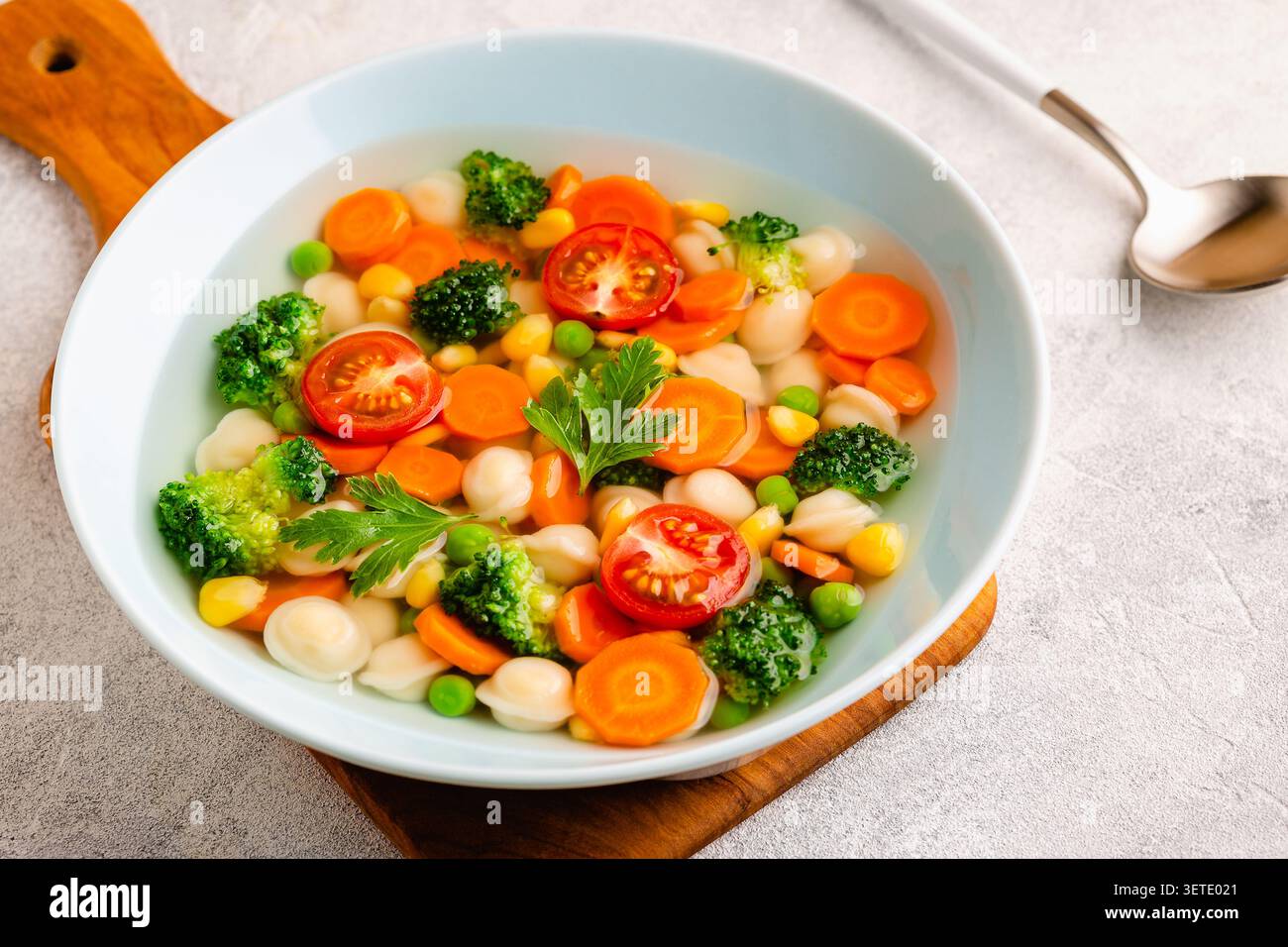 Hausgemachte Suppe mit Miniknödeln und Gemüse. Stockfoto