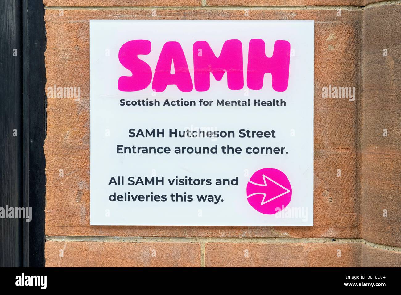 SAMH Scottish Action for Mental Health Sign, Wilson Street, Glasgow, Schottland, Großbritannien Stockfoto