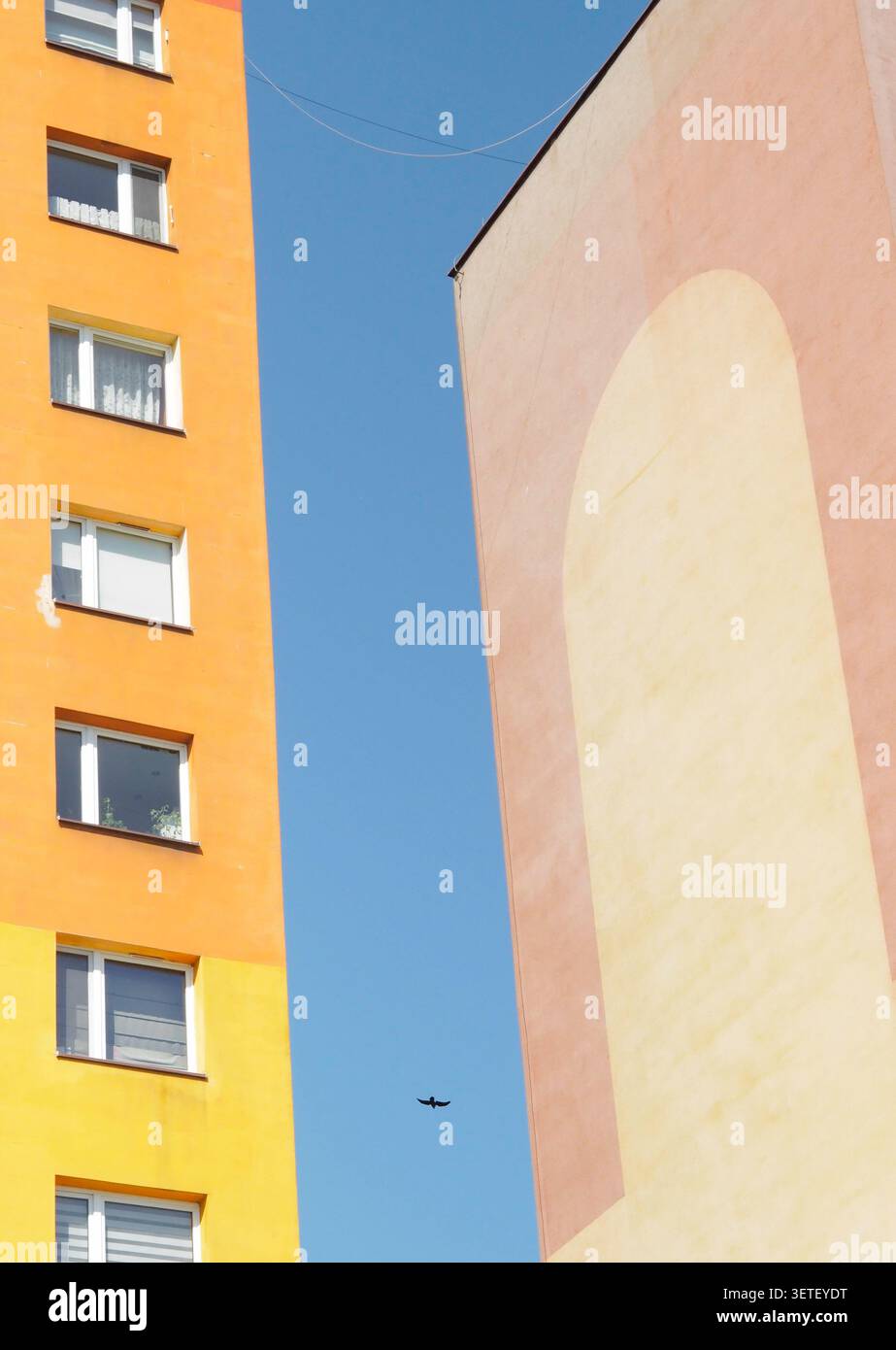Ein minimalistisches Bild aus farbenfrohen geometrischen Wohnblöcken, die einen schmalen Streifen blauen Himmels mit einem einsamen Vogel umrahmen. Stockfoto