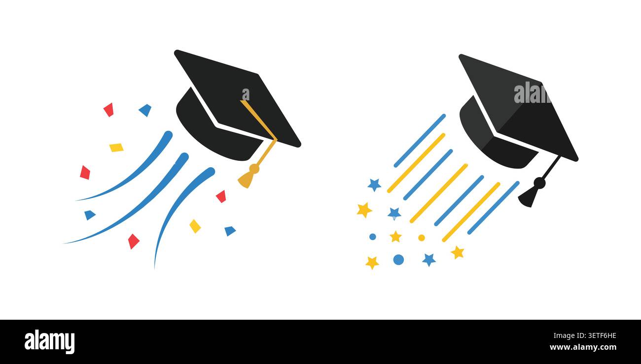 Graduierungsmützen, die mit Konfetti in die Luft geworfen wurden Stock Vektor
