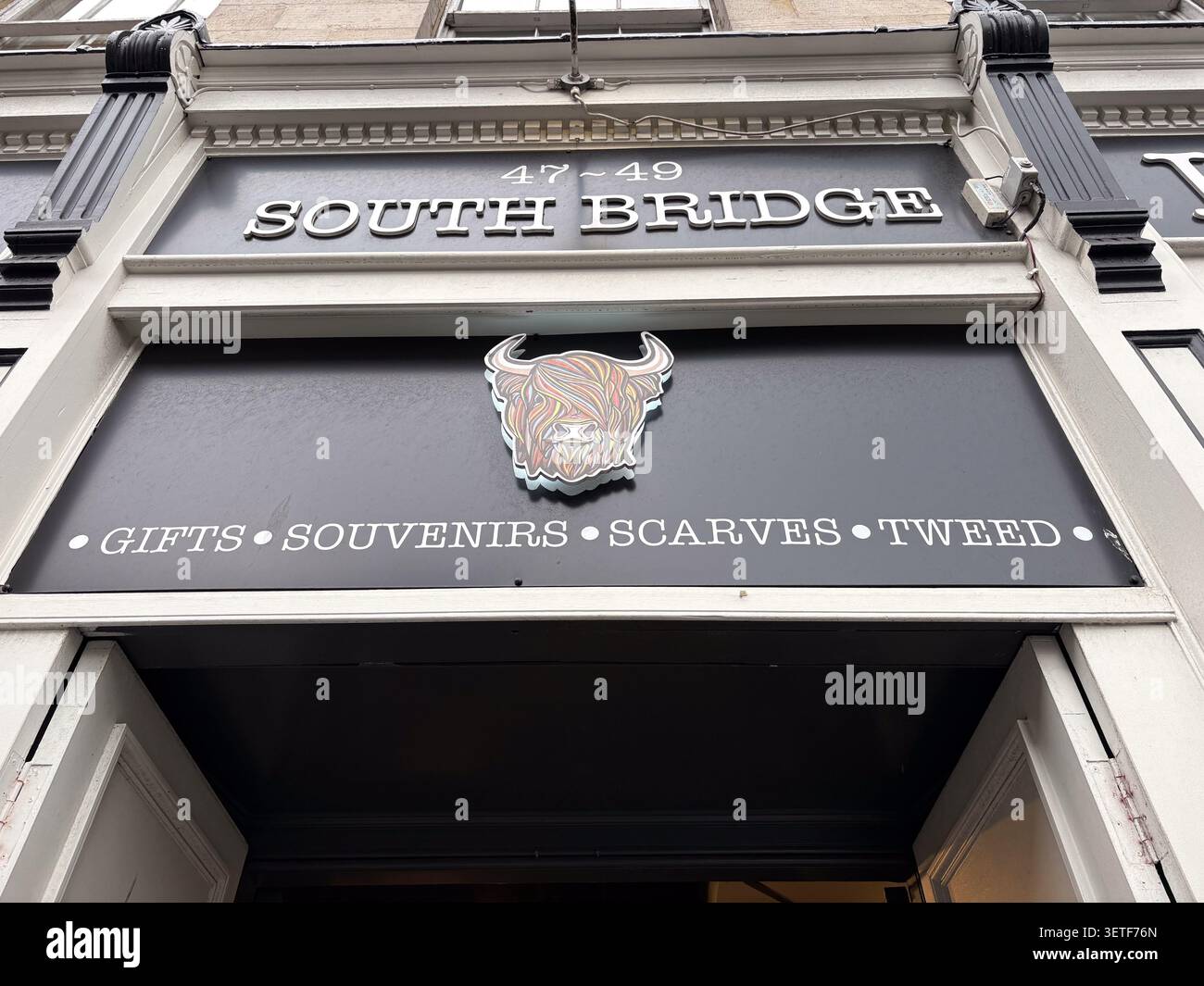 Außenbeschilderung für einen Einzelhandel mit einer Illustration der Highland-Kuh, Text für Geschenke, Souvenirs, Schals und Tweed in Edinburgh, Schottland. Stockfoto