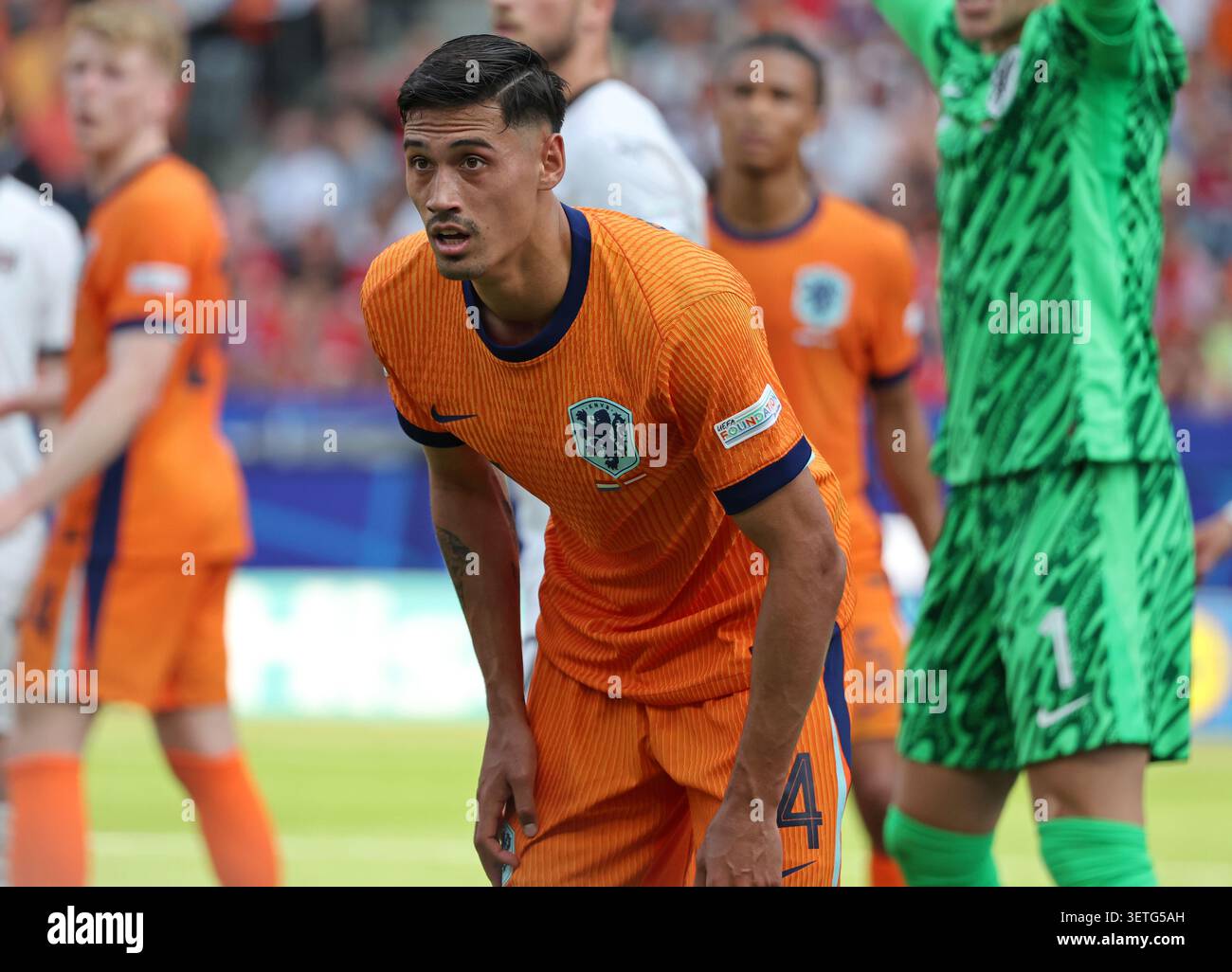 Berlin, Deutschland - 25. Juni 2024: Porträt von Tijjani Reijnders aus den Niederlanden (#14) während des Gruppenspiels der UEFA EURO 2024 Niederlande gegen Österreich im Olympiastadion in Berlin Stockfoto