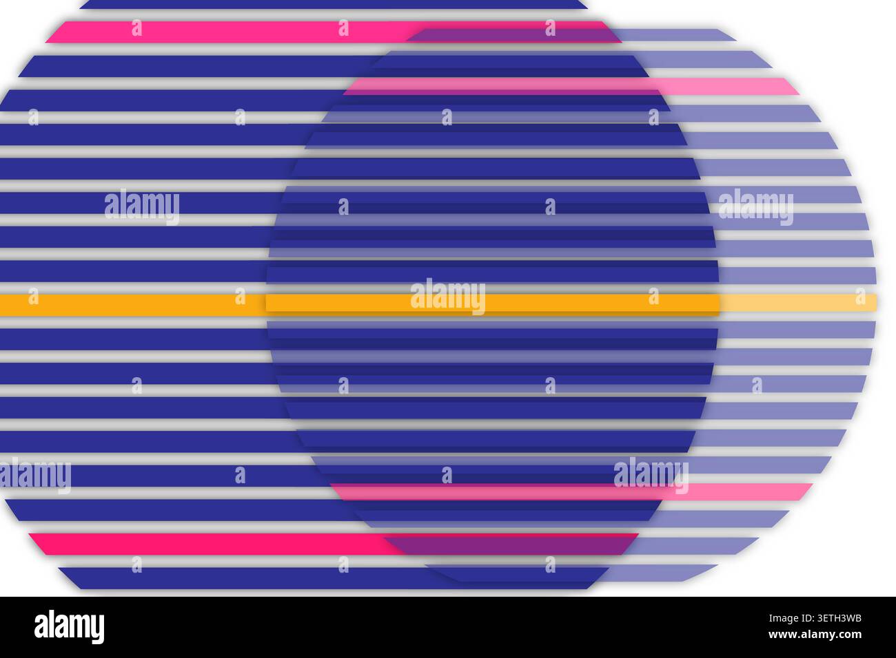 Abstraktes geometrisches Design, gestreifte Kreise, blaue und weiße Streifen, rosa und gelbe Akzente, moderne Grafik, lebendige Illustration, überlagert. Stock Vektor