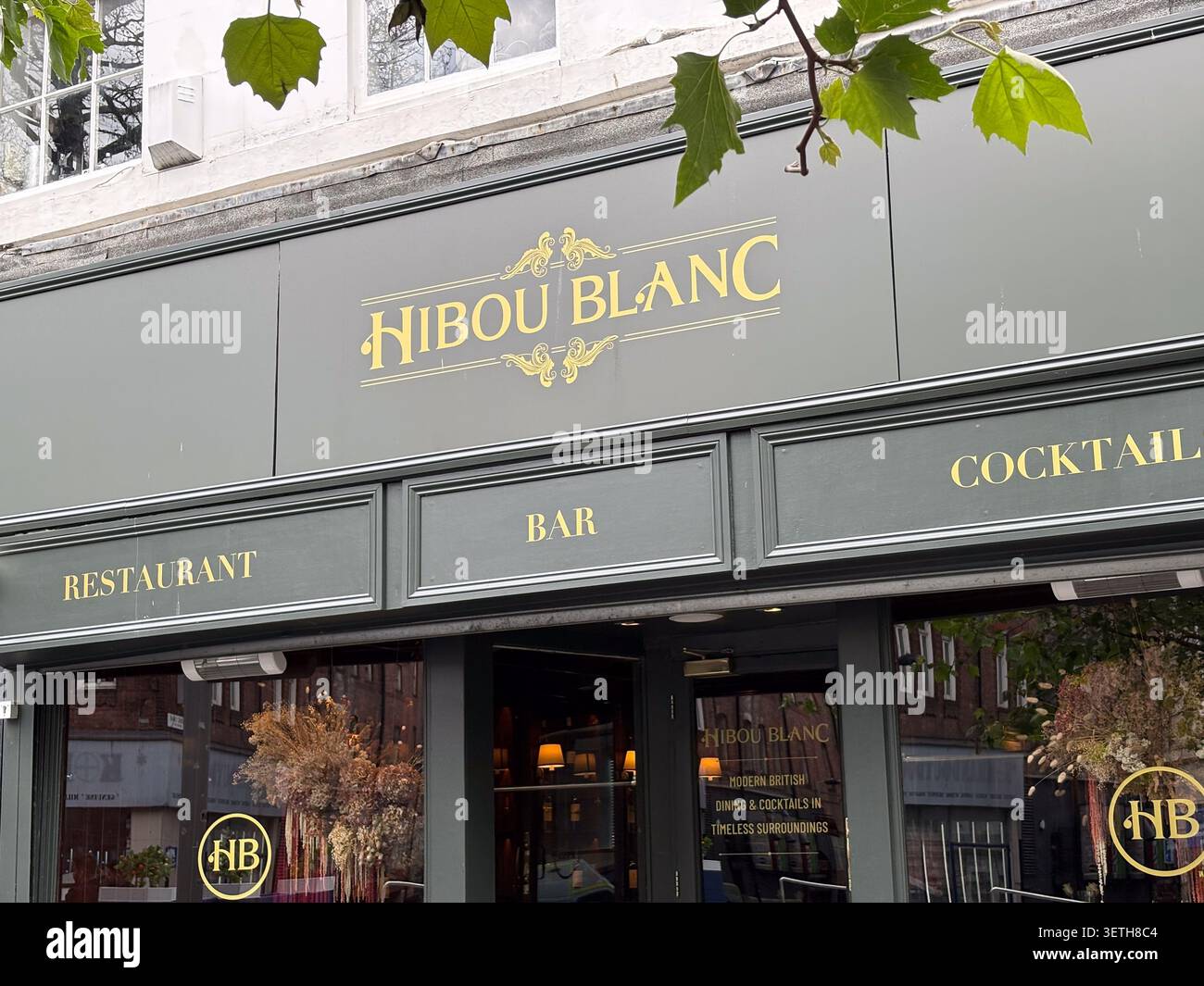 Außenschilder des Restaurants, der Bar und der Cocktailbar Hibou Blanc. Newcastle Upon Tyne, Tyne and Wear, Großbritannien. Stockfoto