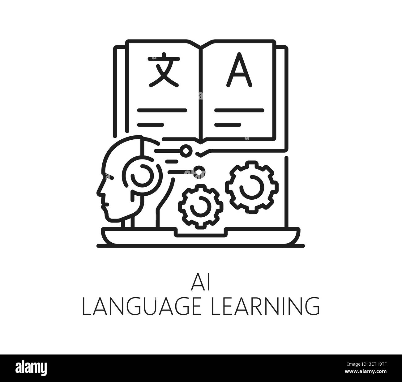 KI-Lernsymbol mit menschlichem Kopf mit Schaltkreis, Gehirn, Zahnrädern, Laptop und offenem Buch mit chinesischen und lateinischen Schriftzeichen. Clean-Line-Art-Symbol für maschinelle Übersetzung und intelligente Bildungs-Apps Stock Vektor