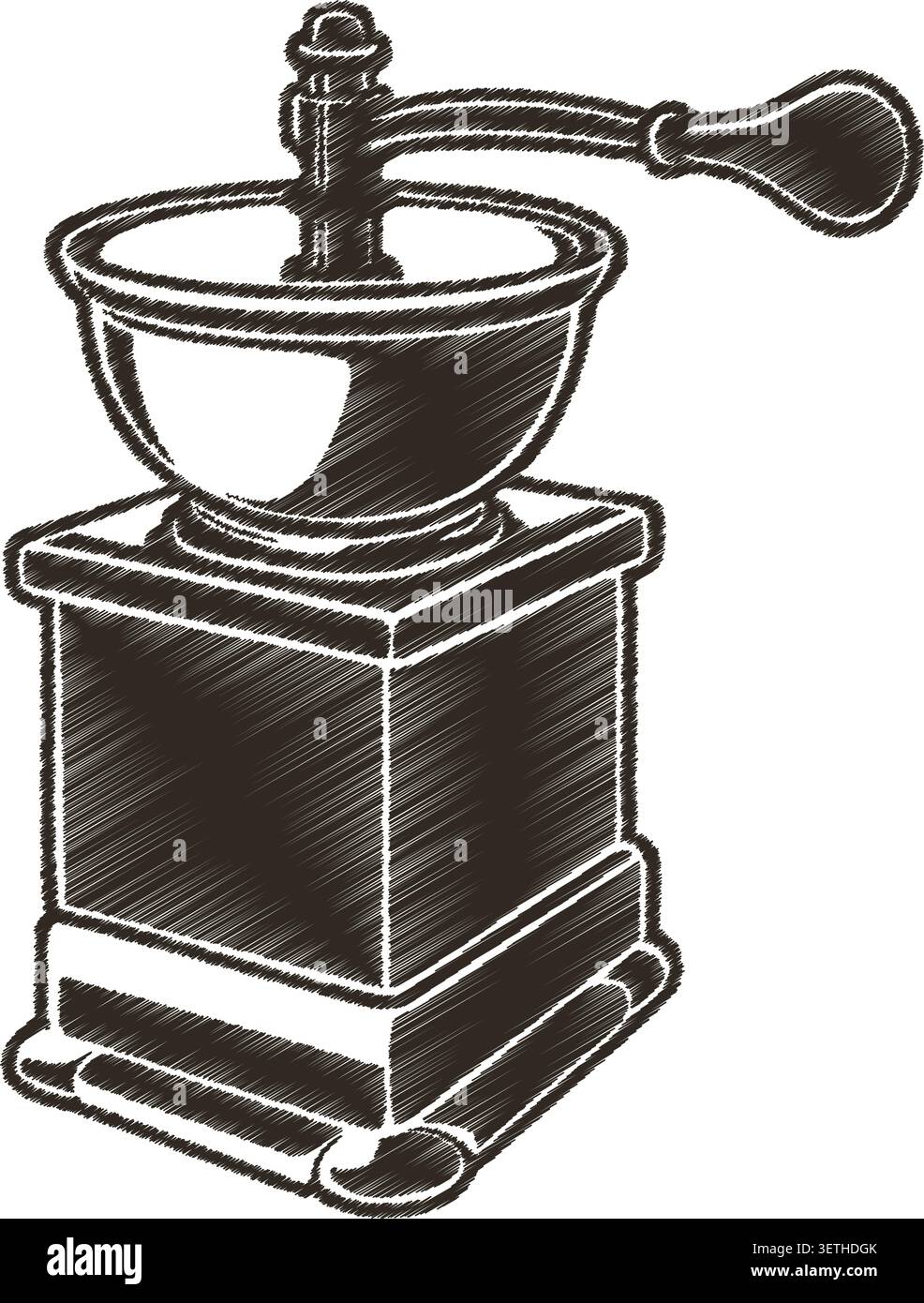 Detaillierte Abbildung einer manuellen Vintage-Kaffeemühle mit Griffschale und klassischem Holzgehäuse Stock Vektor