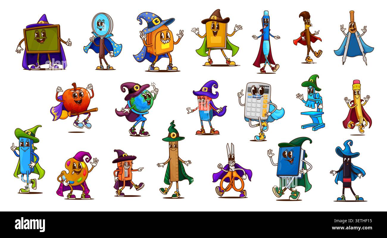Halloween Groovige Schule liefert Charaktere von Retro Hippie Schreibwaren Vektor-Persönlichkeiten in Hexenhüten und Zaubererhüten. Cartoon y2k Buch, Bleistift, Stift und Lineal. Lustige, groovige Globus- und Taschenrechner-Charaktere Stock Vektor