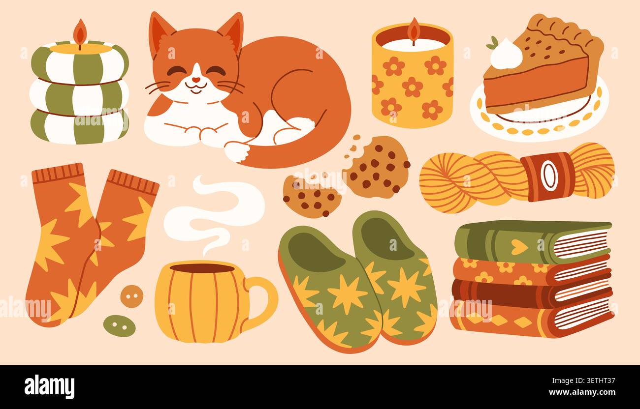 Gemütliche Herbsthygge-Lifestyle-Vektorelemente mit einer schlafenden Katze, heißem Becher, Socken, Kerzen und Büchern. Flache, warme und bequeme Illustrationen für den Herbst Stock Vektor